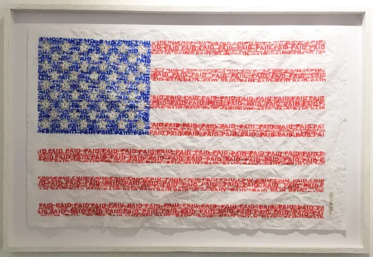 Alexandre Frangioni, USA Flag – Paid, artwork from the 'Made in China' series, featuring the word 'PAID' stamped in blue and red on Chinese paper, reflecting China’s role in shaping contemporary society